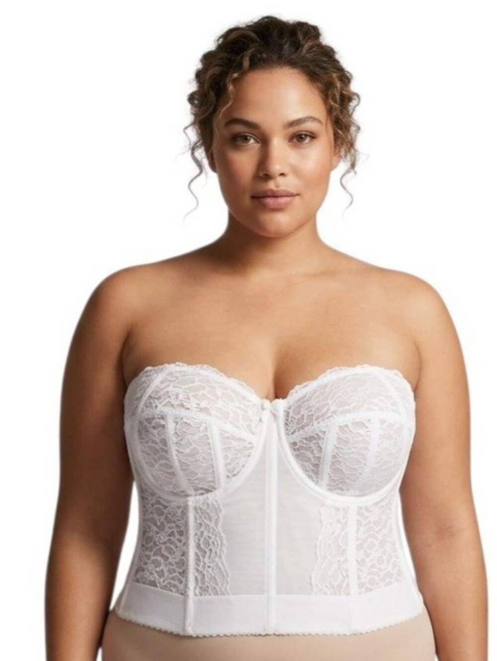 GODDESS White Floral Lace Bustier Corset 46D Strapless Boned Lingerie Bridal VTG